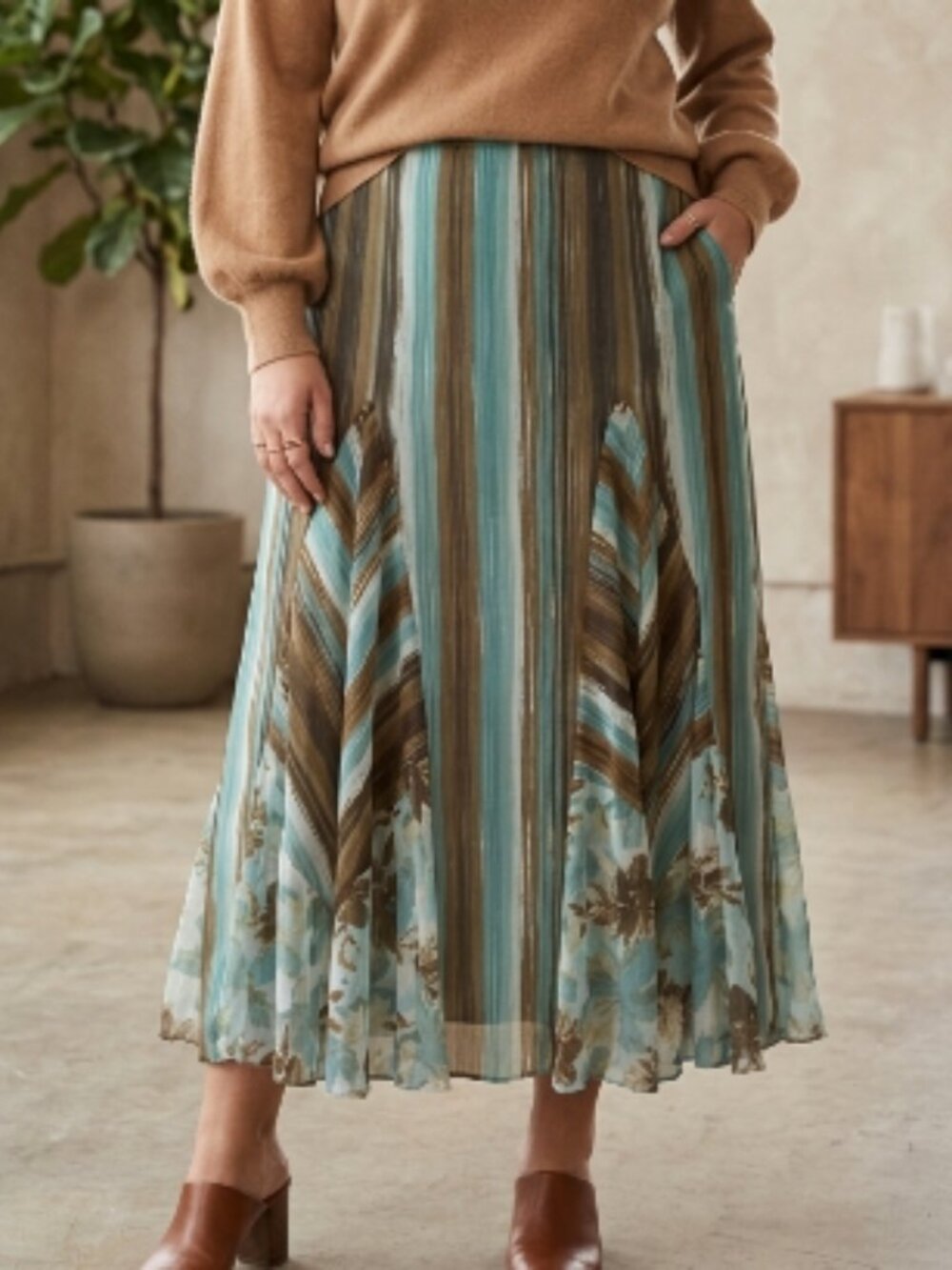 Tapemeasure Mixed Print Chiffon Midi Skirt 14 Boho Eclectic Artsy Teal Brown